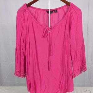 New Directions Vibrant Pink Blouse with Crochet Cuffs